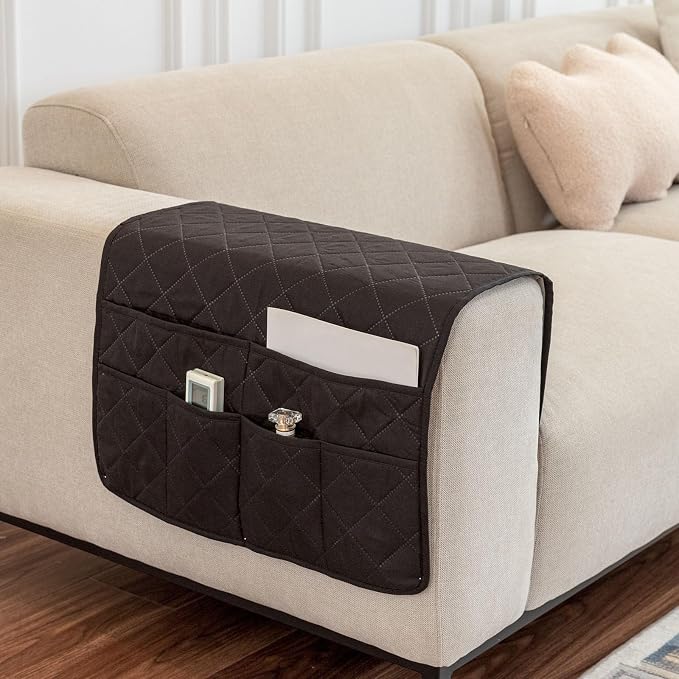 Arm Rest Covers for Sofa with 6 Pockets for Magazine Remote Control Couch Arm Covers Decorate Furniture Ant-Slip Armrest Organizer(Black)