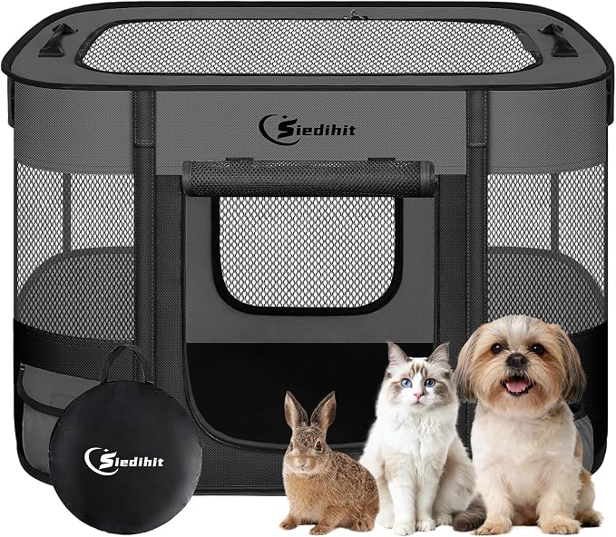 Siedihit 28" Dog Playpen,Cat Puppy Pen, Pet Portable Crate Indoor Outdoor | Durable Travel Camping Use,Foldable Dog Kennel Tent Cage for Rabbit Small Animals with Carrying Case(Dark Grey, Small)