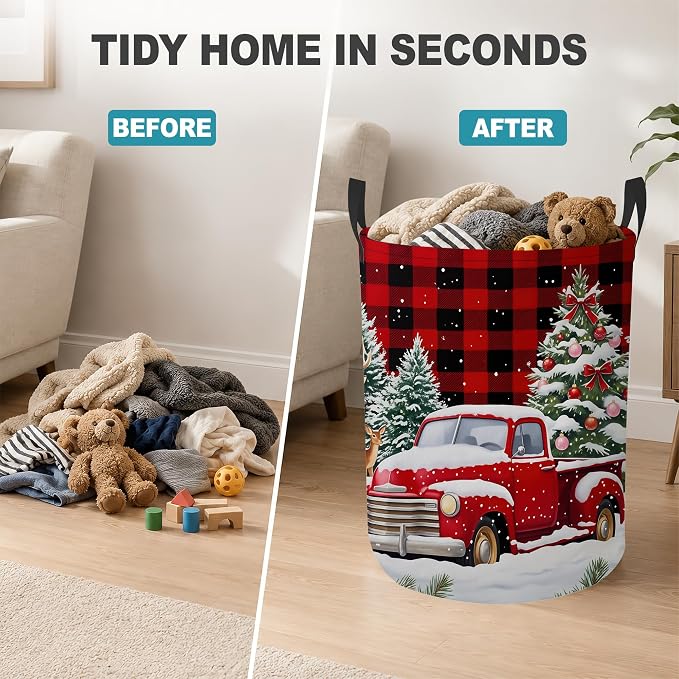 Christmas Red Truck Collapsible Laundry Hamper,Winter Deer Waterproof Oxford Cloth Clothes Basket with Handles for Bathroom Bedroom Nursery Dorm Room,16" x 20"