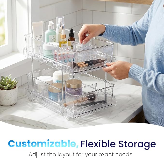 Masirs 2-Tier Clear Pull-Out Drawer Organizer - Sleek, Compact & Sturdy Makeup and Closet Organizer - Easy Assembly Kitchen Storage Solution, Ideal for Makeup, Tools, Medicines 4-Pack
