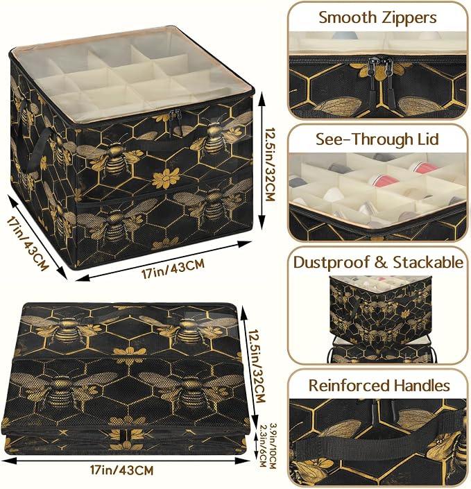 TropicalLife Vintage Bee Honeycomb Shoe Organizer for Closet | Golden Flower Foldable Shoe Storage Organizer Box Bin with Adjustable Dividers and Clear Cover, Fits up to 16-32 Pairs