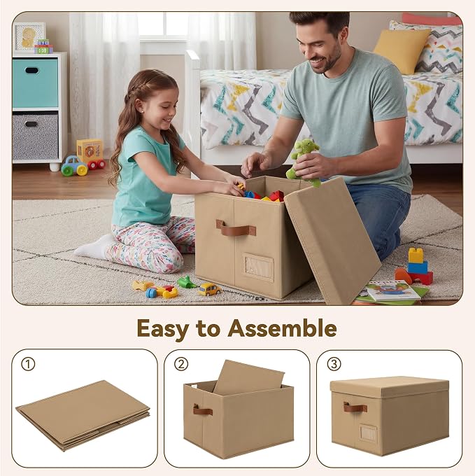 GRANNY SAYS Storage Bins with Lids, Decorative Storage Boxes with Lids | Storage Box with Dust Cover, Handles & Lable, Collapsible, Ideal for Closet Clothes Blanket Toys, Large, Brown, 3-Pack