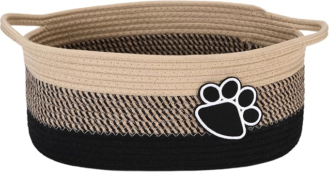 Sea Team Pet Toy Basket with Handles for Cats and Dogs, Flaxen Paw | Large Cotton Rope Storage Bin, Shelf Basket, Organizer for Pet Chew Toys, Foods, 16.5 x 11 x 7 Inches, 4.4 Gallons