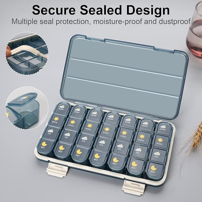 Acedada Pill Organizer 4 Times A Day, Weekly Travel Pill Box 7 Day, Blue | Large Medicine Organizer Box, Pill Case 4X A Day, Easy to Open, Daily Pill Holder Container for Vitamin, Fish Oil Supplements