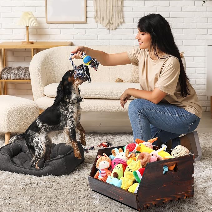 Briwooody Dog Toy Bin, 17.5 Inch Large Wooden Puppy Toy Storage Basket with Handle and Dog Head Tags Durable Pet Doll Box Puppy Stuff Organization Chest for Leash, Food, Accessories