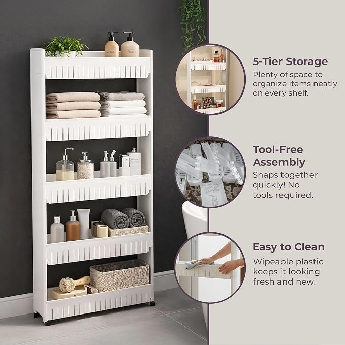 Lavish Home Slim Rolling Storage Cart, White, 21.5” x 5” x 52”