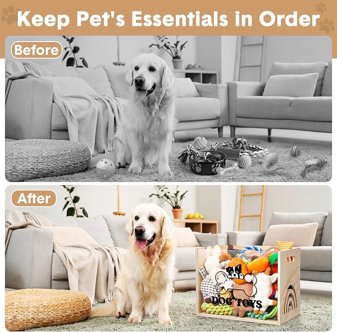 Beeveer Large Dog Toy Basket Dog Toy Box Wooden Storage Bin with Acrylic Board Storage Box for Puppy Toys Pet Food and Accessories Organizer Holder Basket for Living Room Area(Wood, Dog)