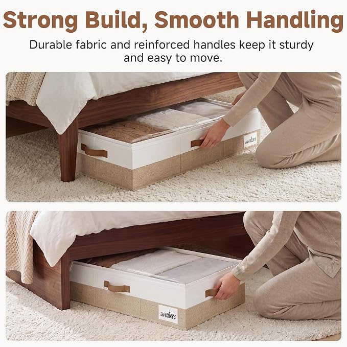 StorageWorks 6 Inch Low Profile Under Bed Storage Containers with Clear Lid | Reinforced Structure, Resists Sagging, Handles & Label Holder, Foldable Stackable Closet Storage for Clothes, Blankets, Toys