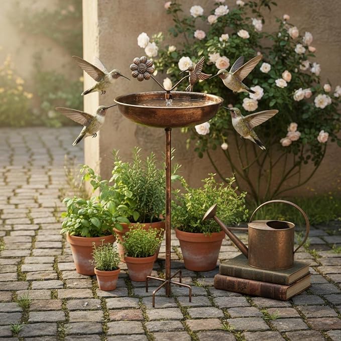 Bronze Bird Bath Basin Feeder Stand Wrought Iron Outdoor Bowl Pedestal with Flower Accents for Birds to Drink Bathe and Gather Suitable for backyards patios lawns and Flower beds
