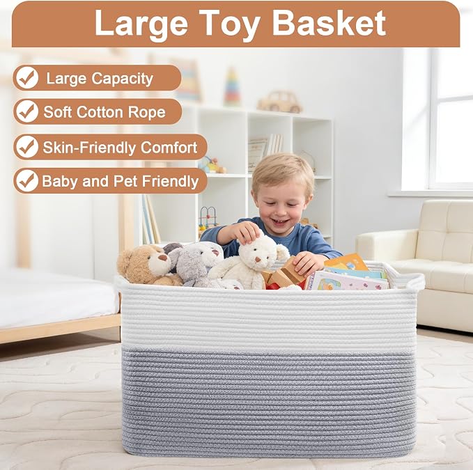 75L Large Blanket Storage Basket with Handles - White & Gray | Extra-large blanket baskets. Soft cotton, foldable, washable.Holds blankets, pillows for living room, bedroom, dorm.