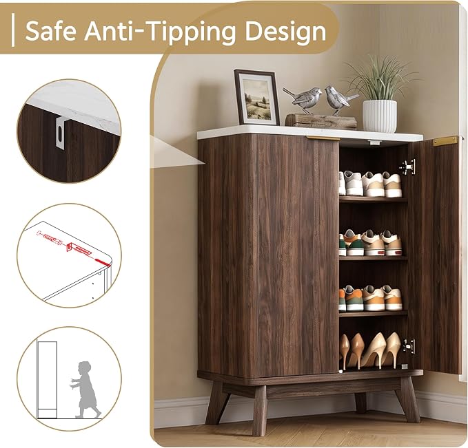 Shoe Cabinet with Doors & Adjustable Shelves, Walnut | Modern Wooden Storage Cabinet for Entryway, Mudroom And Apartment, Reducing Clutter And Dust Buildup