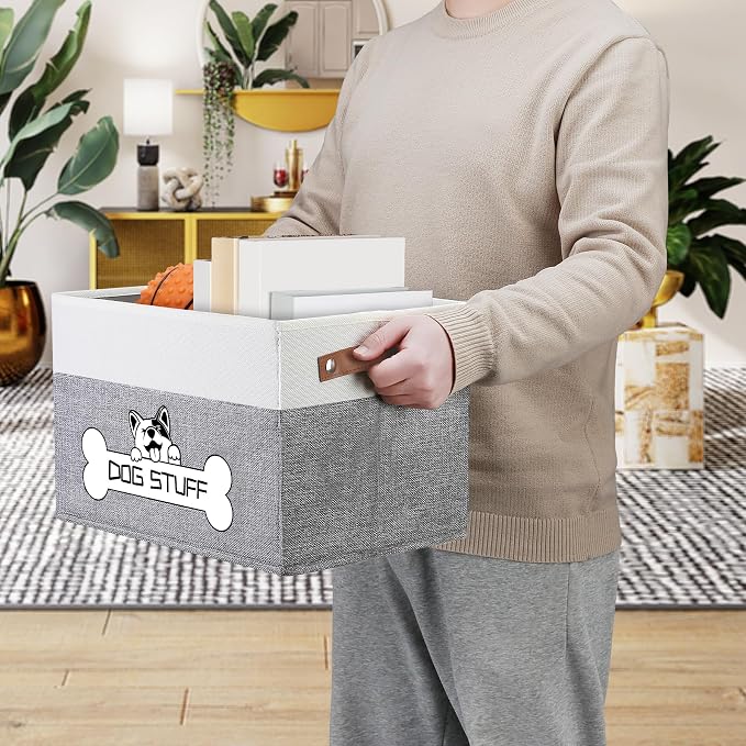 Collapsible Box, Dog Toy Basket, Storage Bin for Pet Accessories | Fabric Storage with Handle, Organizer for Living Room, Gray