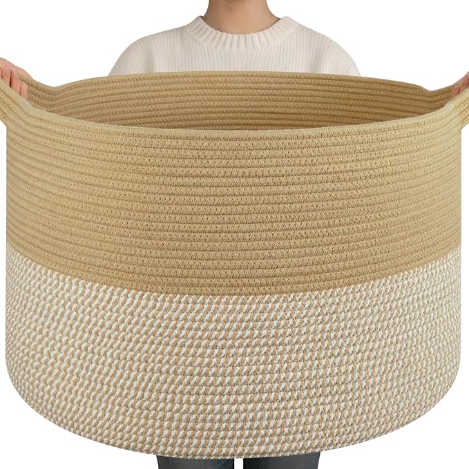 OIAHOMY 90L XXXLarge Blanket Basket for Living Room, 21.7" x 13.8" Woven Cotton Rope Laundry Basket for Organizing Pillows, Decorative Stuffed Animal Toy Storage for Nursery, Jute and White