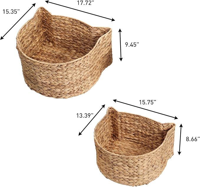 Felix Cat Shaped Hand Woven Water Hyacinth Nesting Pet Toy Organizer Baskets with Metal Frame Decorative Storage Bins for Living Room and Nursery, Brown, (Set of 2) BSK4001B-2SET