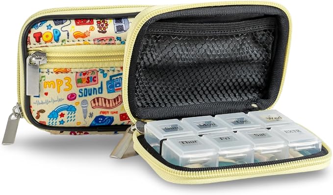 Made Easy Kit Pill Case - Weekly Medicine Organizer with Removable Seven-Day Vitamin & Supplement Box - Premium Neoprene for Travel Purse Accessory (Yellow Music Lover)