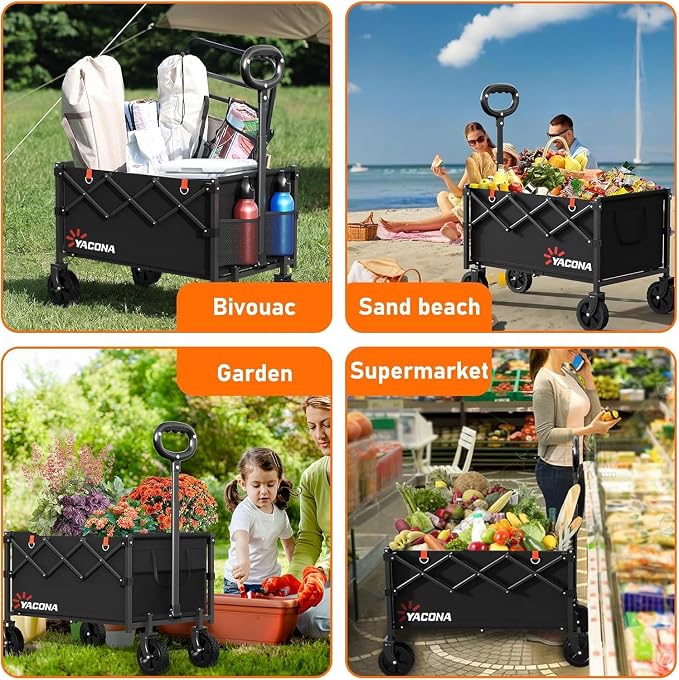 Yozoia Wagons Carts Foldable, Lightweight Portable Utility Shopping Cart with Wheels, Folding Grocery Wagon Cart for Grocery, Camping, Shopping, Beach, Garden, Sports Black | Foldable, Lightweight, Portable, Simple Installation, for Camping Shopping Be...