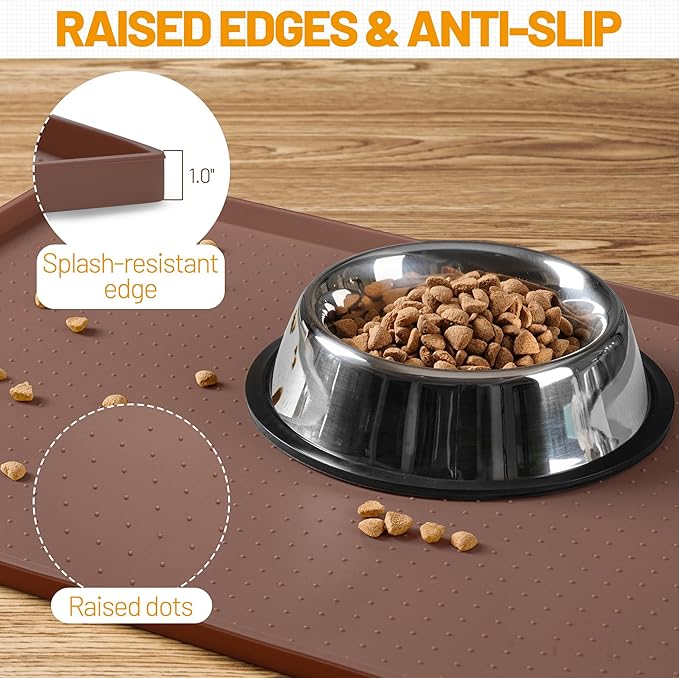 Hubulk Dog Feeding Mat,100% Waterproof Food Grade Silicone Pet Food and Water Bowl Placemat,Dishwasher, High Raised Edge to Prevent Spills,Nonslip Tray to Stop Messes on Floor（28"x18"x0.8", Brown）