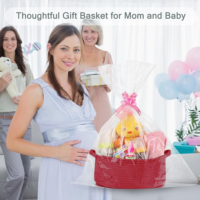 COMSE Empty Small Gift Basket with Bag & Ribbons, Red | Cotton Rope, 12"x 8"x 5", Baby Toy Organizer, Stores Small Items for Bedrooms, Nurseries, Bathrooms, Living Rooms, Offices