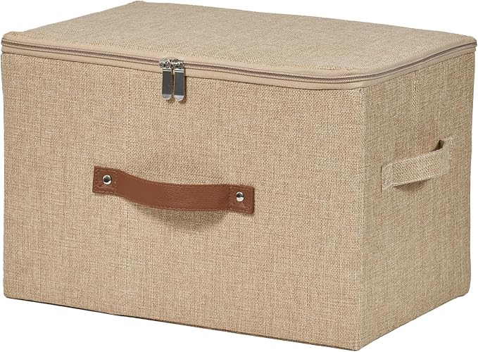 Storage Bins with Zipper Lids Decorative Lidded Baskets Boxes | Clothes Container, Closet Shelf Organizer, Foldable Washable, Cotton Linen Fabric, w/ PU Leather Handles, Linen Color, Large