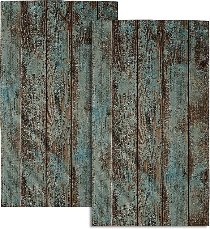 Giwawa Rustic Barn Wood Hand Towel 15x30 Set of 2, Vintage Teal Turquoise Brown Plank Fingertip Towel Retro Wooden Stripe Face Towel Country Grain Board Washcloth for Farmhouse Log Cabin Bathroom