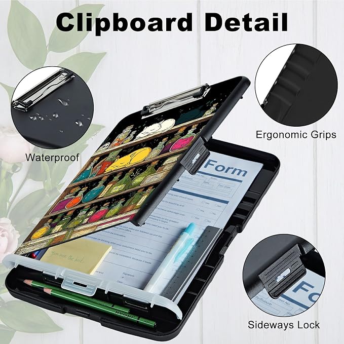 A4 Clipboard with Storage Pen Holder, Clipboards Organizer Nursing Clipboard Foldable File Folder Plastic Clipboard Folio Clip Board for Office Work Classroom Doctor, Vase Books Cat