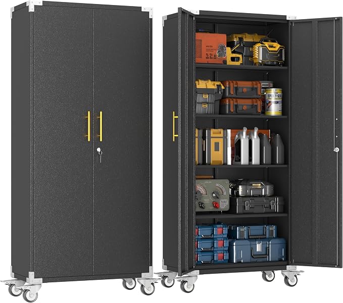 pozdeg 71" Tall Metal Rolling Garage Storage Cabinet with Lock & Wheels ﻿