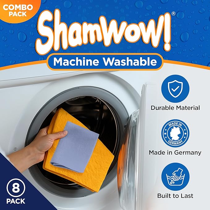 ShamWow Original Super Absorbent Multi-Purpose Cleaning Shammy Chamois Towel Cloth - Holds 10X its Weight in Liquid - Machine Washable - Will Not Scratch (8 Pack: 4 Large Orange & 4 Small Blue).