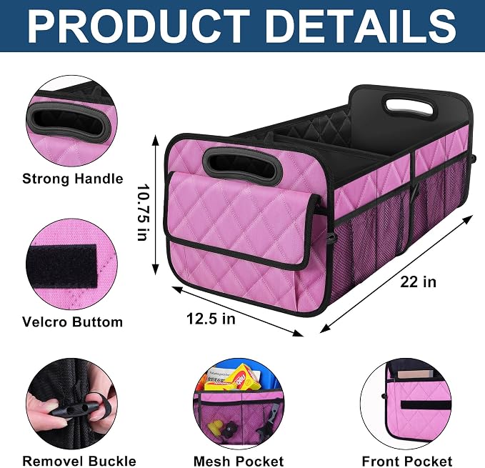 Deosk Car Trunk Organizer for SUV, Car Organizers and Storage with Reinforced Handles, Car Accessories for Women/Men 50L Waterproof Polyester Trunk Organizer(Medium,Pink)