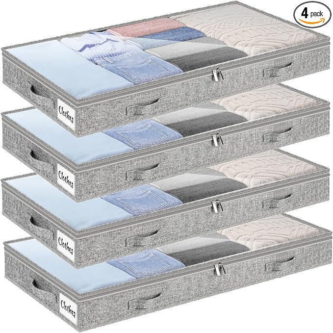 4 Inch Low Profile Under Bed Storage Drawer 4 Pack, Lightweight Underbed Clothes Storage Container Bins With NO STURCTURE, Shallow Storage Bag for Dorm & Home, With Clear Lids & Water-Resistant Fabric