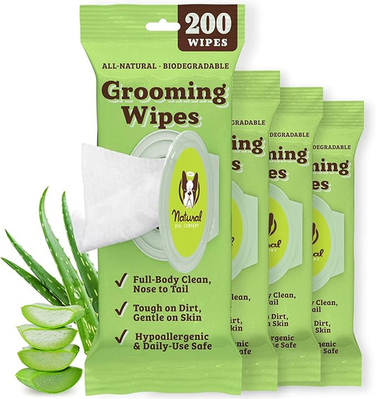 Natural Dog Company XL Grooming Wipes for Dogs – Hypoallergenic, Biodegradable, Fragrance Free – Aloe Vera & Witch Hazel – Large 7×8 in Wipes for Paws, Face, Ears & Butt – 200 Count Sensitive Skin