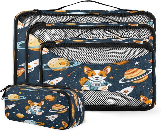 Packing Cubes for Travel, Solar System Planets Travel Luggage Packing Organizers for Women Men, Large Custom Toiletries Bag for Cosmetics Toiletries, Corgi Dogs