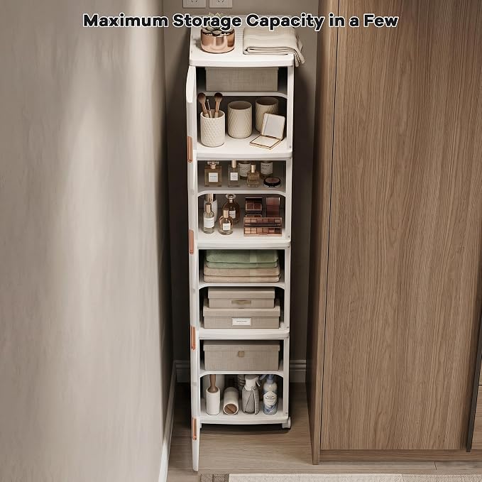 4-Tier Tall Narrow Plastic Storage Cabinet, Foldable | Rolling Organizer with Lid,4 Doors,2 Adjustable Shelves,Stackable,Durable PP,Freestanding Bathroom Cabinet for Slim Space