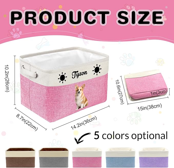 Personalized Dog Toy Basket with Name Photo Custom Dog Food Storage Bins Collapsible Organizer for Toys Dolls Clothing-Brown