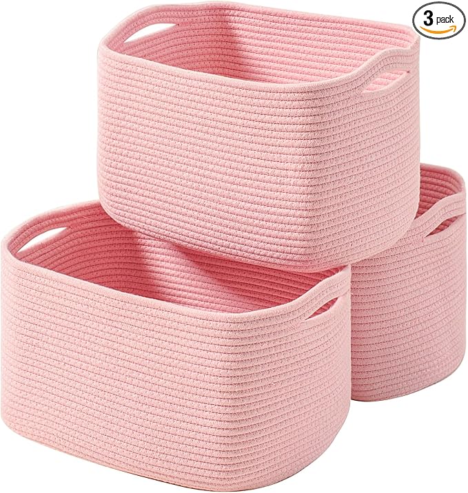 ICERZCZ Storage Baskets for Organizing Shelves, Pink Basket for Nursery, Woven Cotton Rope Baskets for Storage, Towel Basket for Bathroom, 15"x11"x9.5", 3 Packs, Light Pink