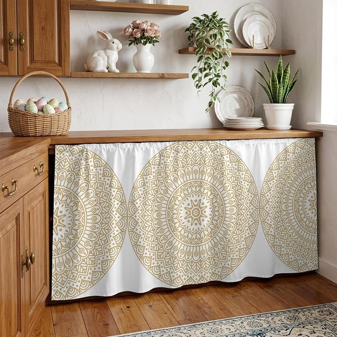 Beige Boho Cabinet Curtain 28"Wx51"L,Dustproof Storage Cabinet Curtain with Self Adhesive Tape,Retro Farmhouse Ethnic Abstract Geometric Art Pantry Cover Drape for Kitchen,Laundry Room,Utility Closet