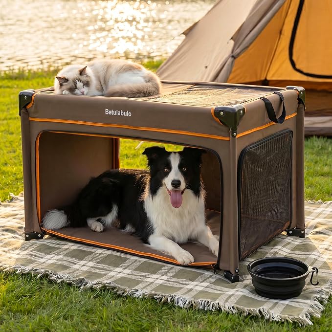 36 Inch Collapsible Travel Dog Crate, 4 Doors & Soft Pet Mat | Portable Dog Travel Crate for Medium Dogs,Large Storage Bag & Breathable Mesh,Soft Sided Dog Crate for Indoor & Outdoor Khaki