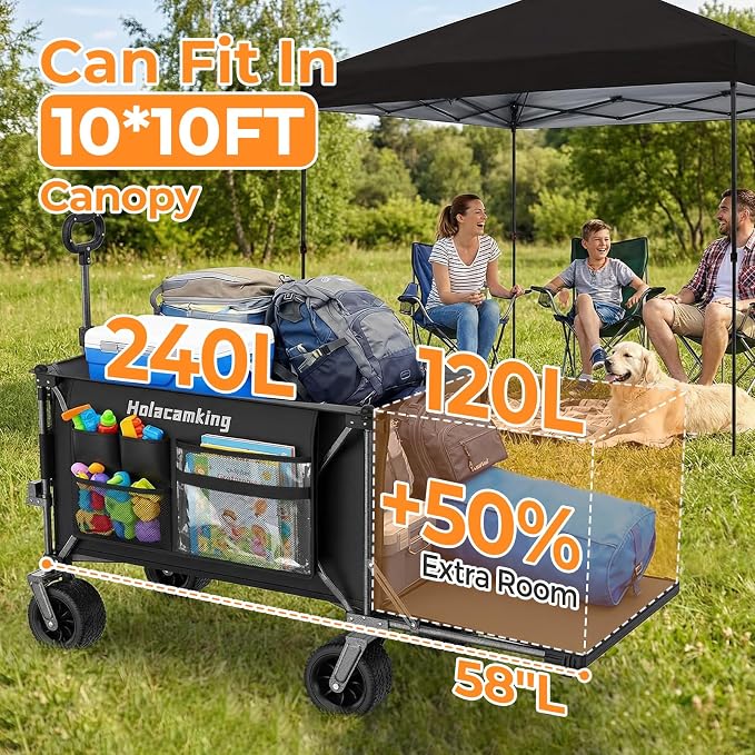 58" L Extender Collapsible Wagon, Extra Long with Tailgate | Foldable Wagon Cart, Heavy Duty Rolling Utility Cart with All-Terrain Big Wheels for Camping Shopping Sports Beach, Black