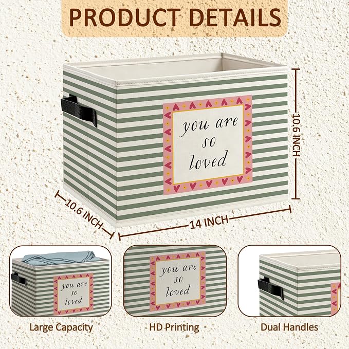 You Are So Loved Classroom Foldable Storage Bins Box with Handles, Kids Affirmation Sage Green Striped Decorative Storage Boxes Baskets Organizer for Kids Bedroom Nursery Playroom Classroom