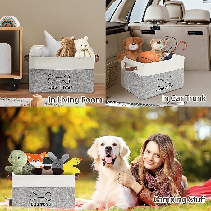 Homimp Dog Toy Basket, Dog Toy Bin Box with Comfortable Handles and Cover, Collapsible Large Pet Toy Storage Organizer for Accessories, Toys, Coat & Clothing, Blanket & Leash, Gray, 15"x11"x9"