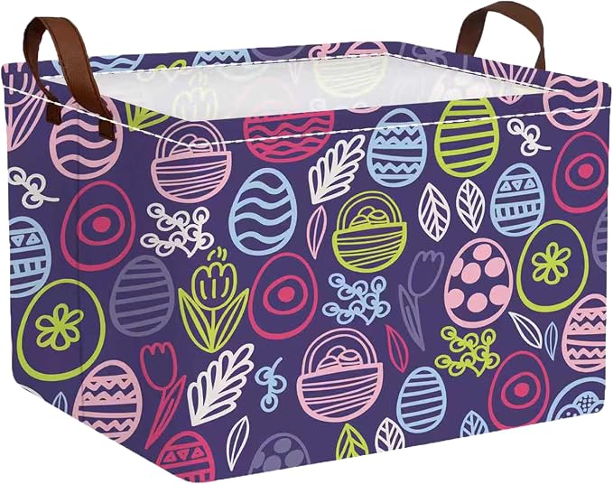 Large Rectangular Easter Baskets Empty Waterproof Boy Toy Box Foldable Kid's Gifts Storage Bin Spring Room Decor(Purple Striped Egg)
