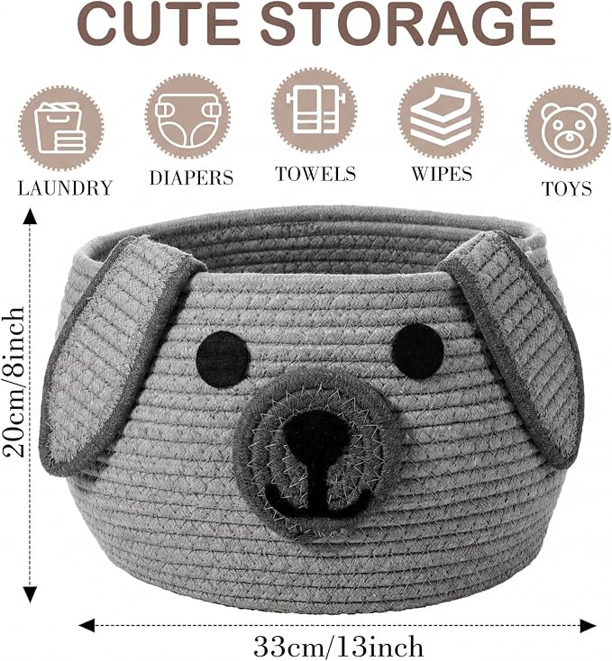 Zopeal Woven Dog Basket with Handle Toy Storage, Gray, 13 x 8 Inch | Pet Gift Basket, Toys Storage Organizer, Cotton Rope Rectangular Bin, Keeps Puppy Items Organized, Sturdy Handles