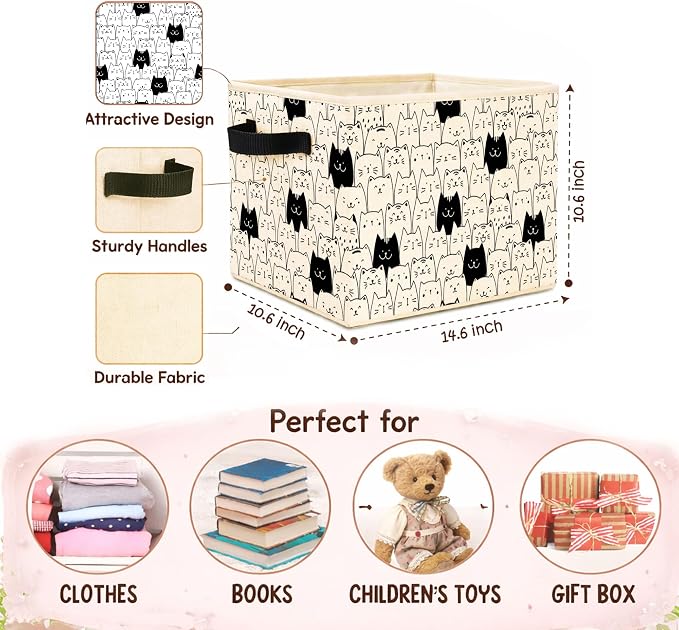 Doodle Cats Storage Bin, Foldable Fabric Organizer | Black and white doodle cat storage bin for toys, books, clothes, pet supplies, bedrooms, playrooms, shelves, and closets.