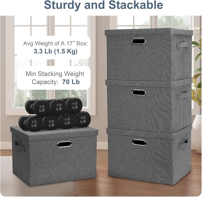 Graciadeco Large 17" 36 Quart Collapsible Stackable Storage Bins with Lids, 3 Packs Grey Linen Fabric Closet Boxes with Lids, Storage Cube Baskets Container Organizers for Bedroom Office(17 x12 x11) | 36 Quart 3 Pack Gray1 Collapsible Stackable Linen F...