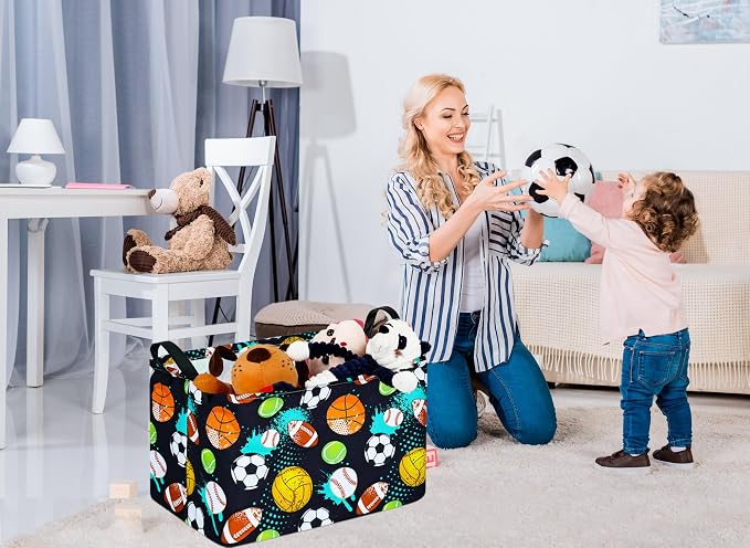 Kid Clothes Storage Basket Gift Shelf Basket Toy Storage Bin, Nursery Basket Organizer Box for With Handles for Room Deco Football Basketball Pattern
