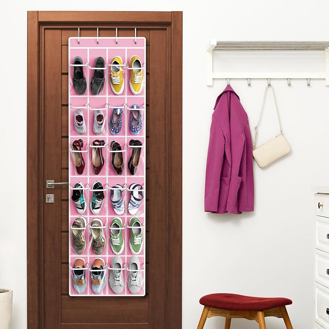 Simple Houseware 24 Pockets Clear Over the Door Shoe Organizer, Pink | 64" x 19", 4 Durable Metal Hooks, 4.3" x 9.5" Pocket Size, Multipurpose