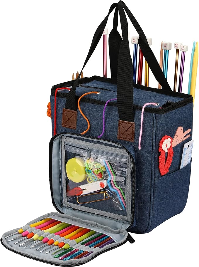 Yarn Knitting Storage Tote-Large Capacity Crochet Organizer Portable Travel Bag With Shoulder Strap Crochet Hooks Case for Unfinished Bulk Project