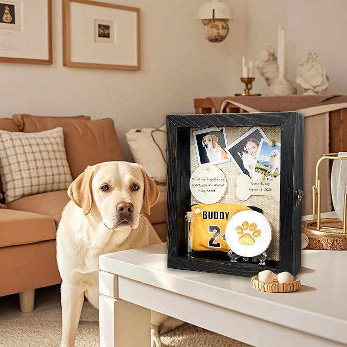 Solid Wood 8x10 Pet Memorial Shadow Box Black Urn Ashes Display Case with Paw Print Kit Dog Memorial Keepsake Gift for Loss of Pet