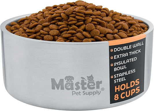 Master Pet Supply Stainless Steel Dog Bowls - 64 oz, Heavy Duty - Stainless Steel, Double Wall Extra-Thick Insulated, Non-Slip Pet Water Bowl for Dogs, Cats & Pets, Anti Rust Metal, Dish Washer Safe
