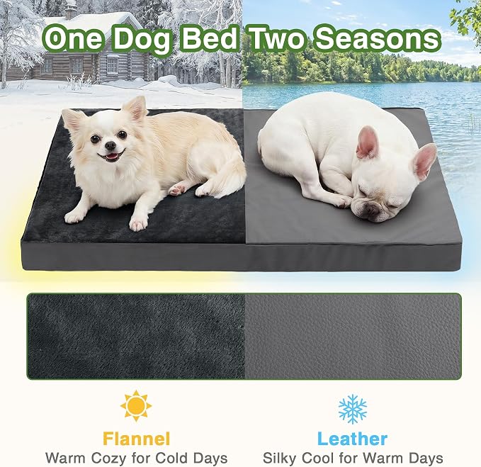 Waterproof Dog Bed Medium Size Dog, Washable Orthopedic Foam Crate Pad 30" | Outdoor Pet Bed, Reversible Faux Leather & Flannel, Durable Removable Cover, Anti-Slip Kennel Pad 29"x18" Dark Gray