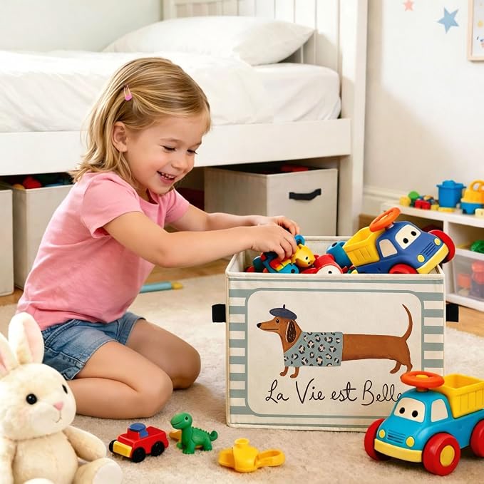La Vie Est Belle Dachshund Blue Stripe Foldable Fabric Storage Bin | French dachshund and blue stripe design; foldable bin for toys, books, clothes in kids room, nursery, bedroom or playroom.